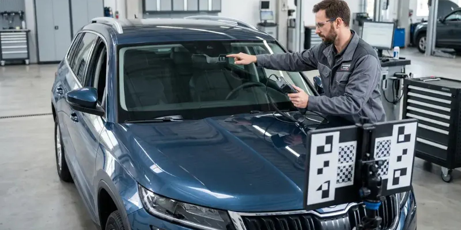 Technician performing ADAS calibration on a vehicle