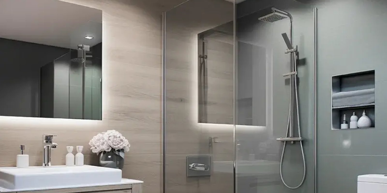 Custom glass shower door installed in a modern bathroom