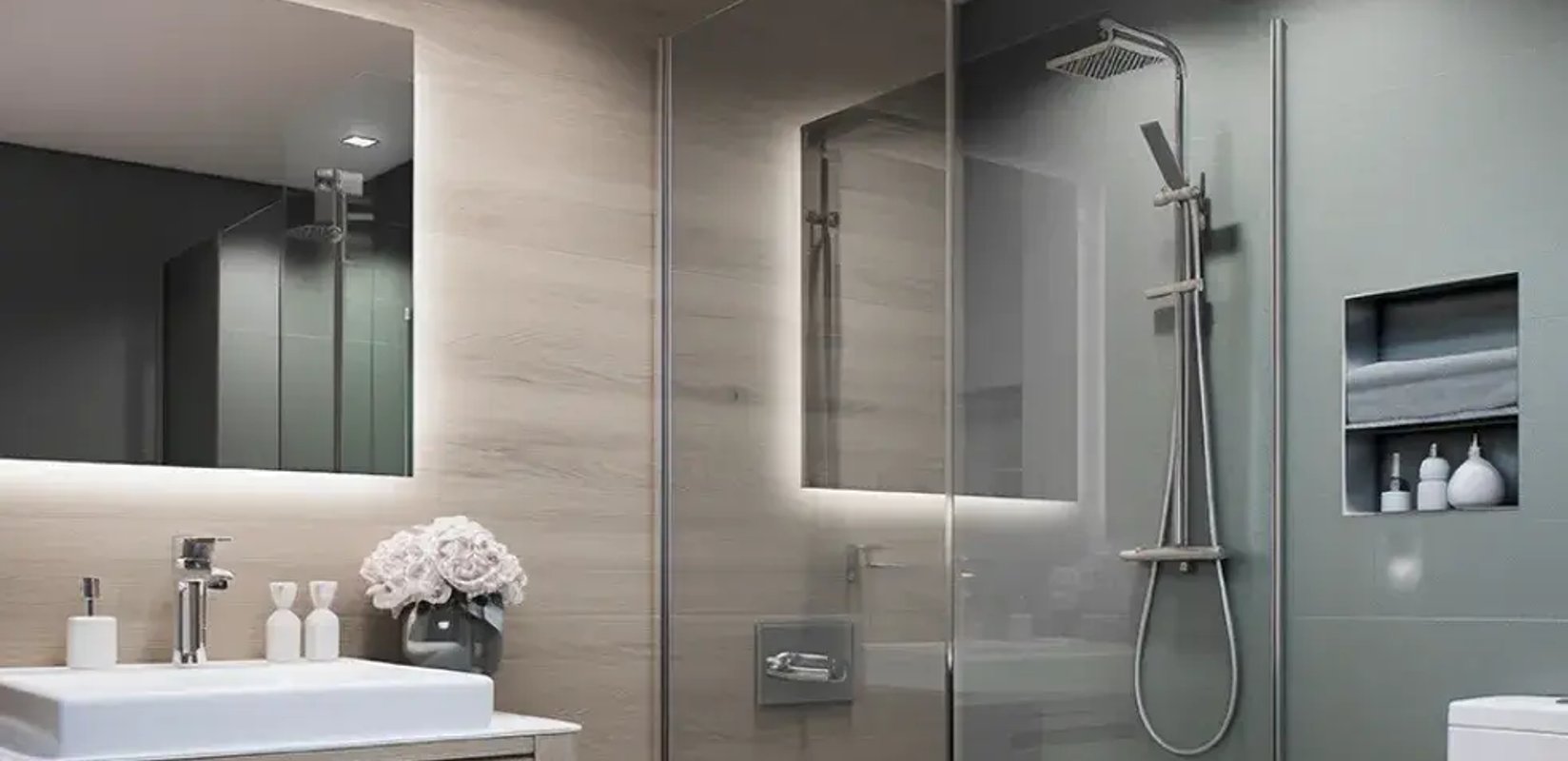 Custom glass shower door installed in a modern bathroom